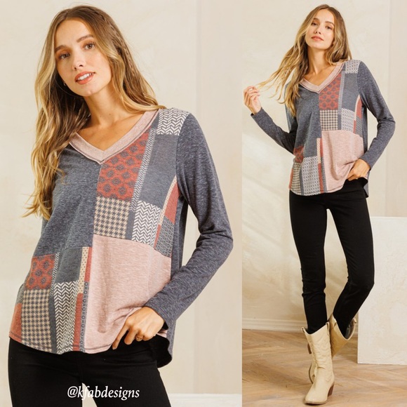 LAST 2! Beautiful V Neck Soft Knit Color Block Print Top! - Picture 3 of 5